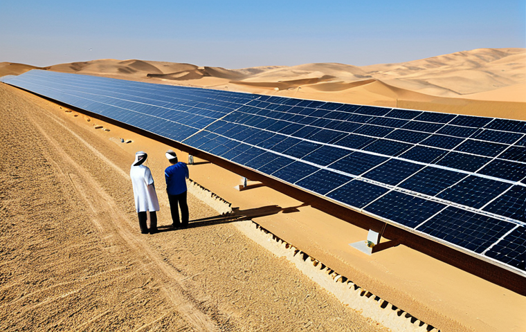 **

"Sustainable energy project in the Middle East, solar panels in a desert landscape, modern design, professional photography, fully clothed engineers inspecting equipment, appropriate attire, safe for work, perfect anatomy, natural proportions, family-friendly, environmentally conscious."

**