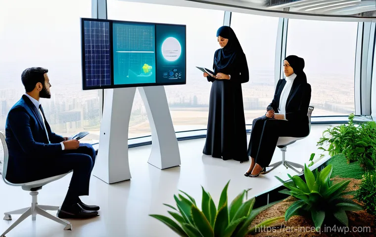사회책임 투자 포럼과 컨퍼런스 - **Prompt:** A diverse group of modern, professionally dressed Arab men and women collaborating inten...
