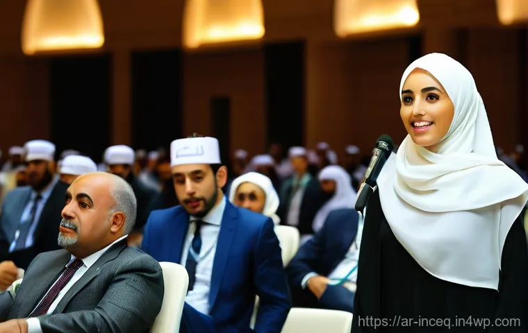 사회책임 투자 포럼과 컨퍼런스 - **Prompt:** A diverse group of modern, professionally dressed Arab men and women collaborating inten...