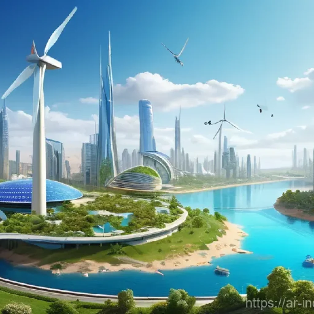 사회책임 투자와 다양한 산업의 참여 - A panoramic, vibrant digital painting showcasing a futuristic, eco-friendly city in a sunny, clear M...