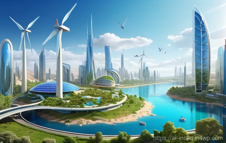사회책임 투자와 다양한 산업의 참여 - A panoramic, vibrant digital painting showcasing a futuristic, eco-friendly city in a sunny, clear M...