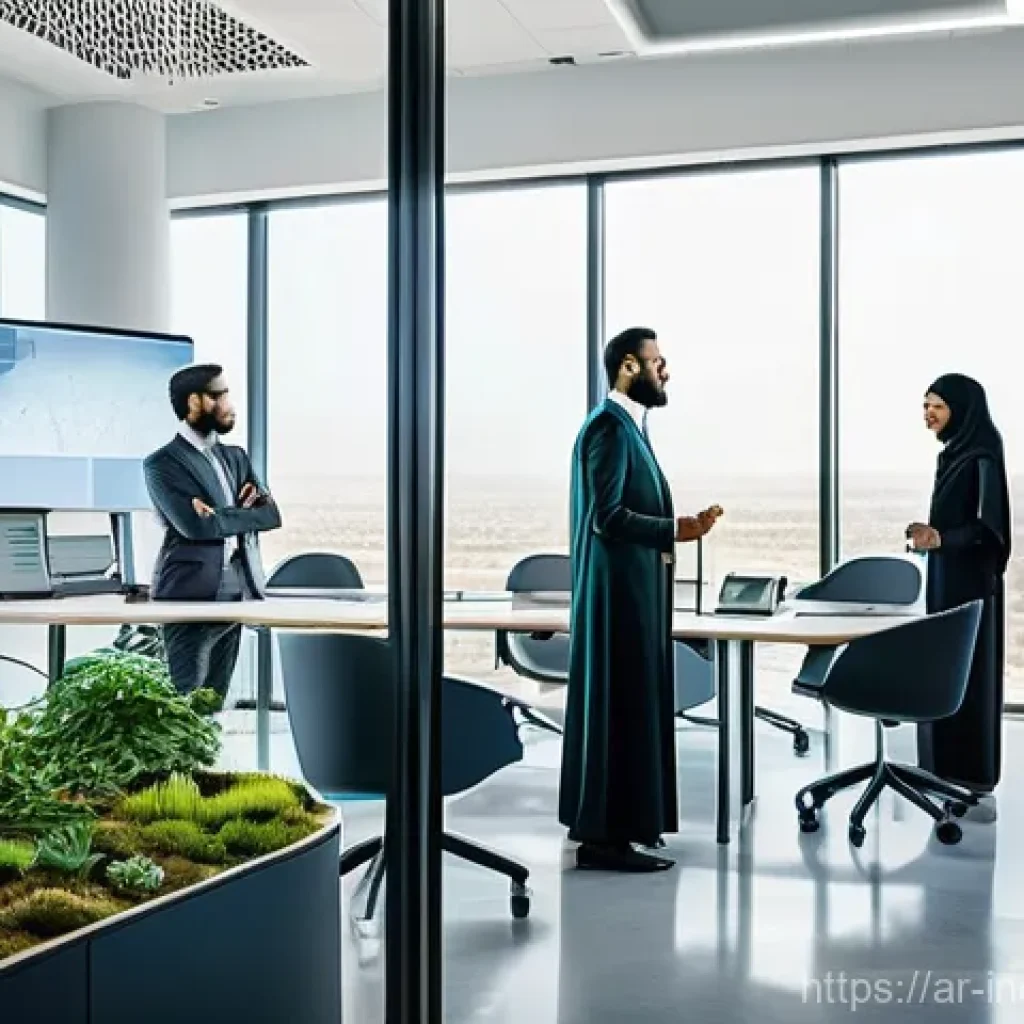 사회책임 투자와 글로벌 기업의 역할 - **Prompt:** A vibrant, futuristic office space in a modern Arab city, bathed in warm, natural light ...
