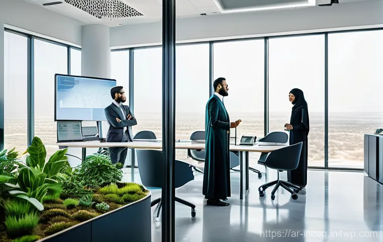 사회책임 투자와 글로벌 기업의 역할 - **Prompt:** A vibrant, futuristic office space in a modern Arab city, bathed in warm, natural light ...