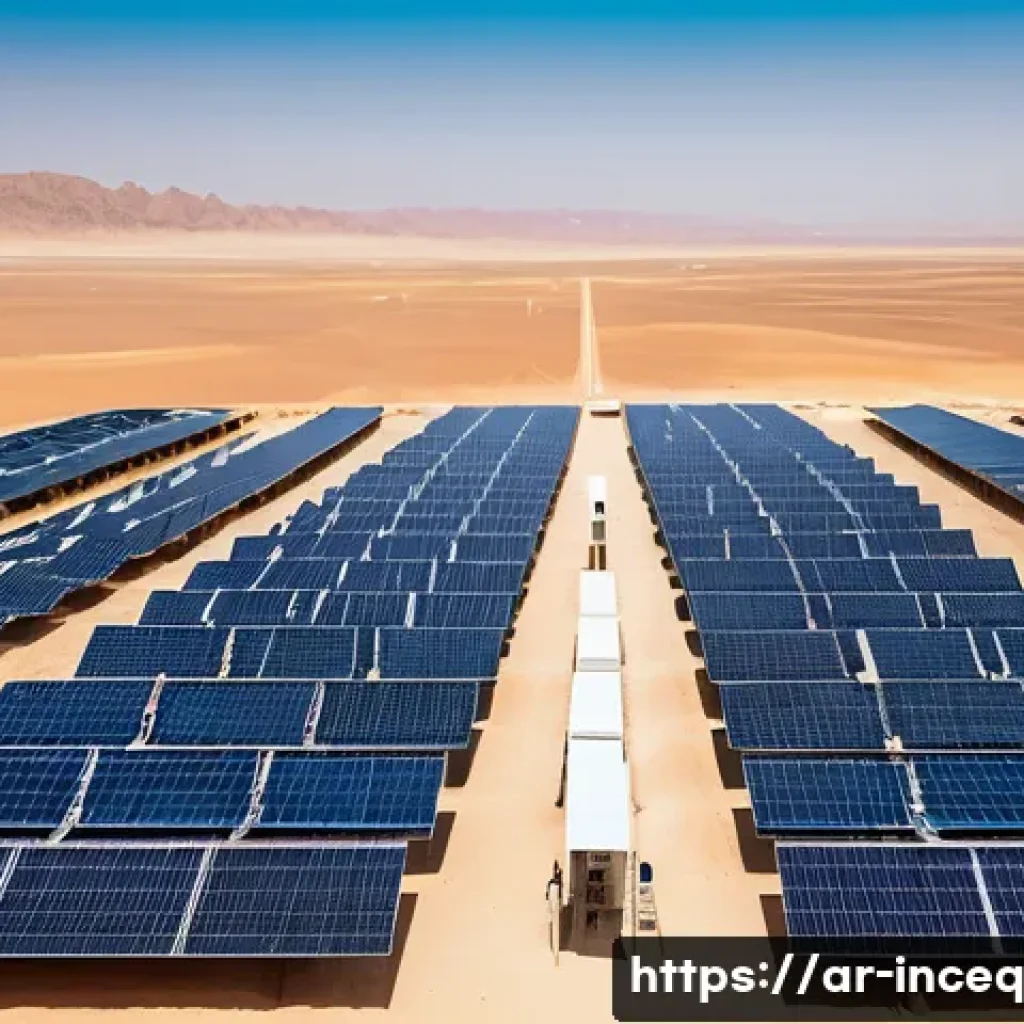 사회책임 투자와 세대간 공정성 - **Vast Solar Farms in the Arabian Desert, reflecting Conscious Investment:** A cinematic, wide-angle...