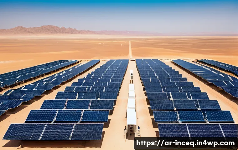 사회책임 투자와 세대간 공정성 - **Vast Solar Farms in the Arabian Desert, reflecting Conscious Investment:** A cinematic, wide-angle...