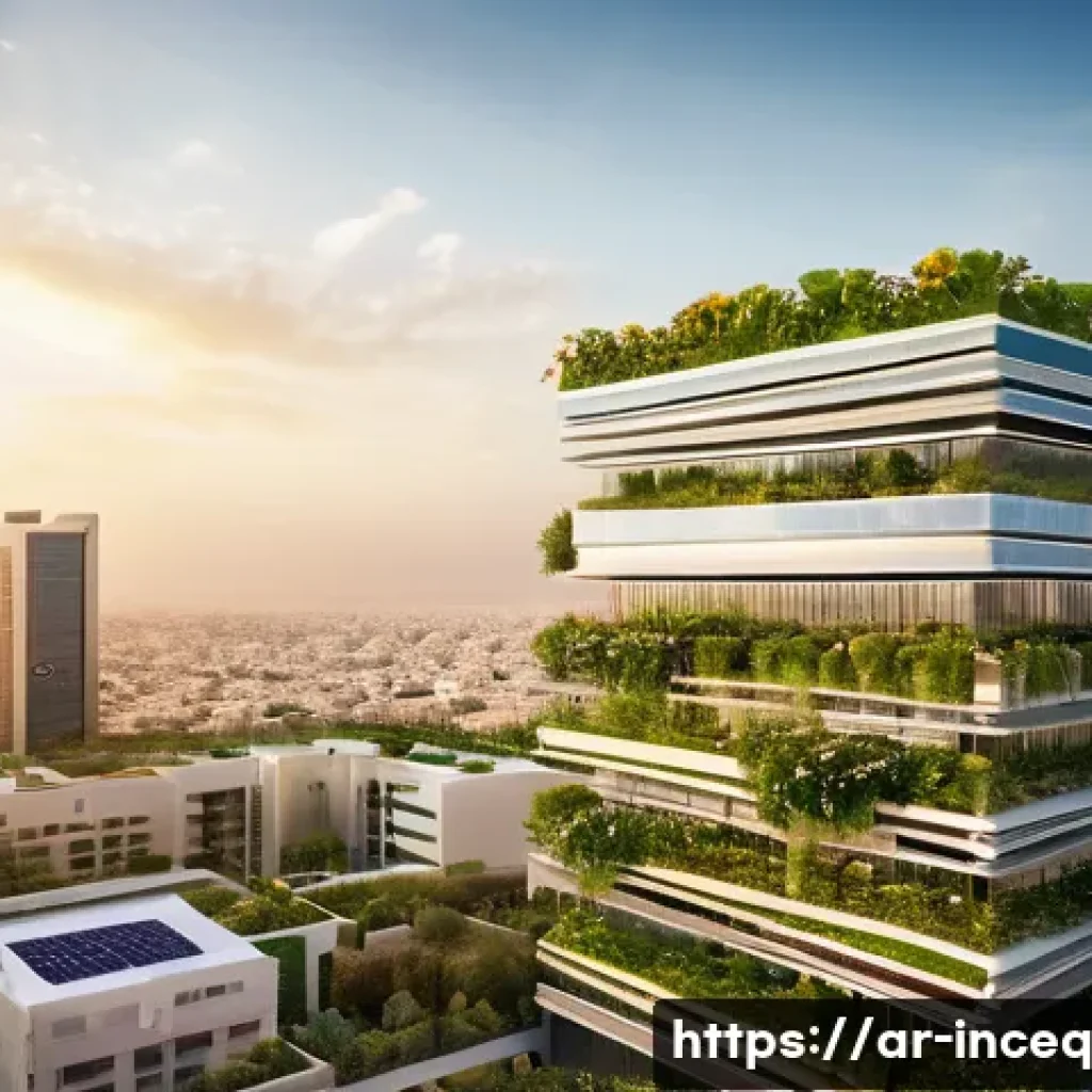 사회책임 투자와 기후 변화의 경제적 영향 - A modern Middle Eastern city skyline at sunset showcasing sustainable green buildings with solar pan...