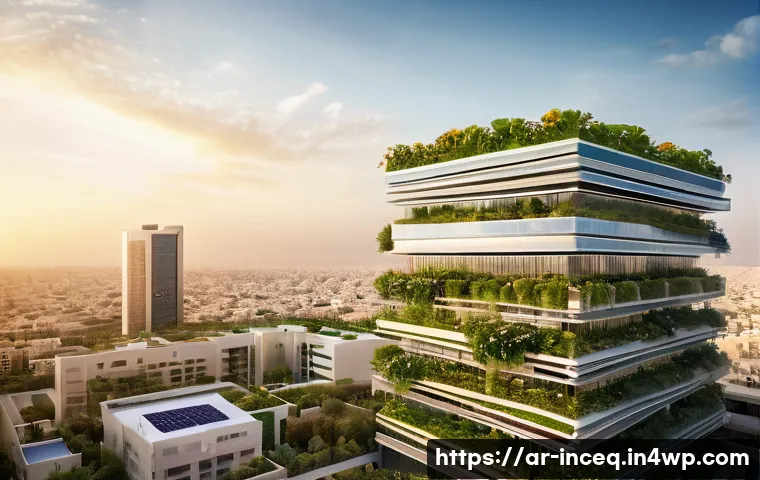 사회책임 투자와 기후 변화의 경제적 영향 - A modern Middle Eastern city skyline at sunset showcasing sustainable green buildings with solar pan...