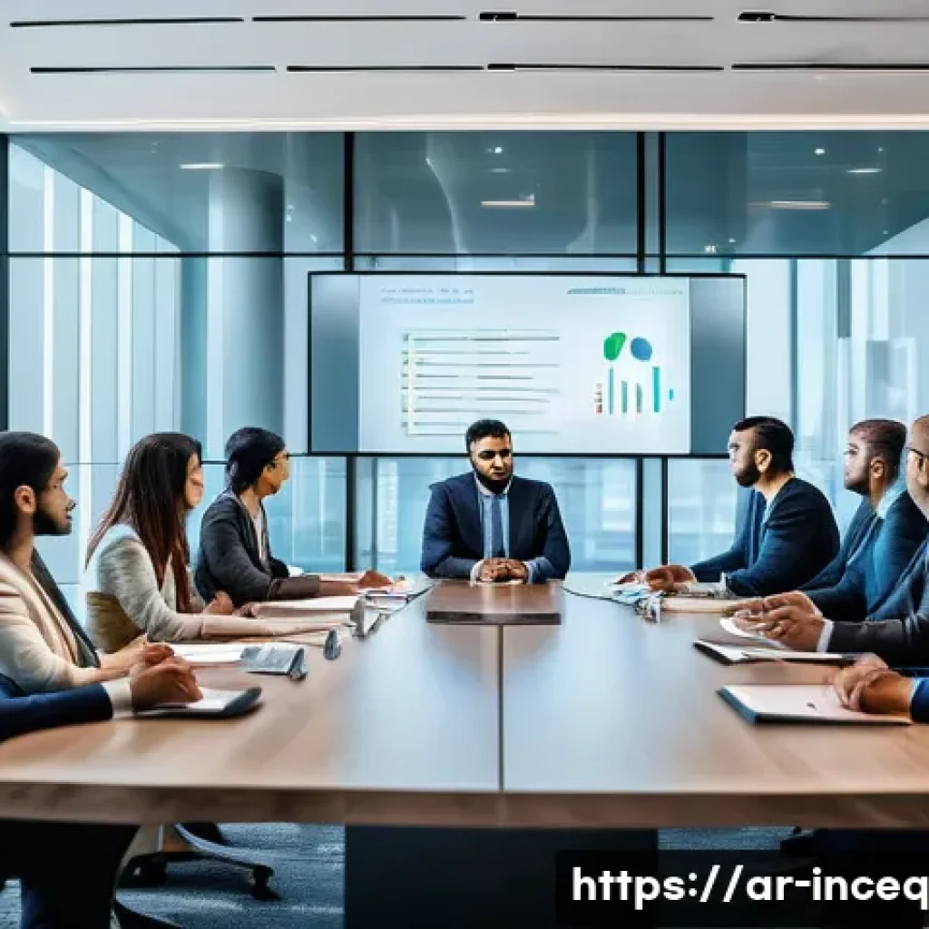 사회책임 투자 기준의 변화와 발전 동향 - A modern corporate boardroom scene in a Middle Eastern office, showcasing a diverse group of Arab bu...