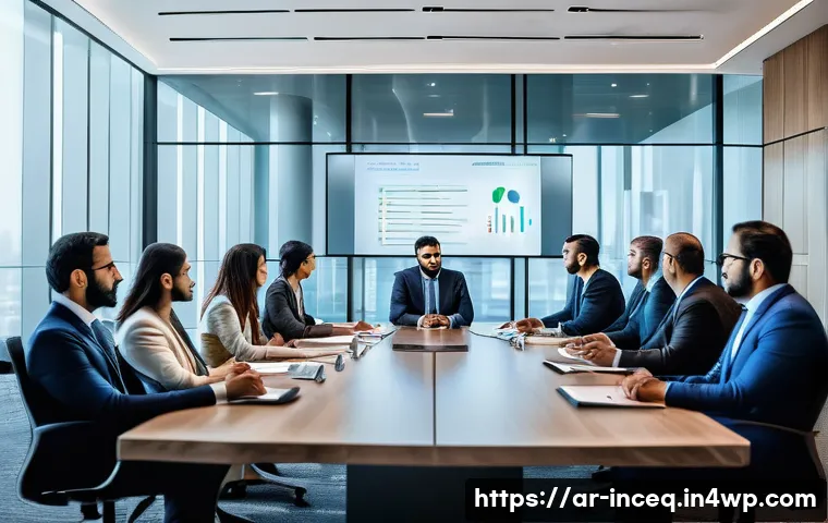 사회책임 투자 기준의 변화와 발전 동향 - A modern corporate boardroom scene in a Middle Eastern office, showcasing a diverse group of Arab bu...