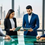 사회책임 투자 트렌드 분석 - A diverse group of young Arab investors gathered around a modern glass table in a stylish office ove...