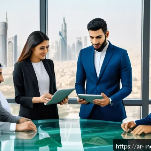 사회책임 투자 트렌드 분석 - A diverse group of young Arab investors gathered around a modern glass table in a stylish office ove...