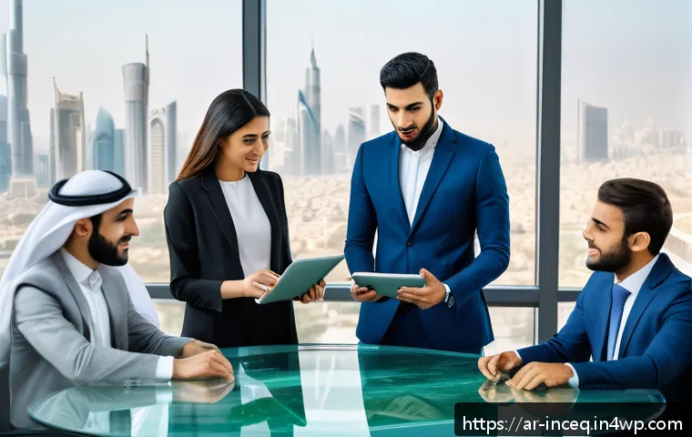 사회책임 투자 트렌드 분석 - A diverse group of young Arab investors gathered around a modern glass table in a stylish office ove...