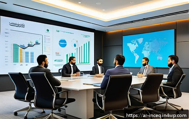 사회책임 투자 기준 설정을 위한 현황 조사 - A sophisticated business meeting in a modern Middle Eastern office, featuring diverse Arab professio...