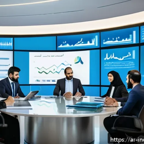 사회책임 투자와 기업의 커뮤니케이션 전략 - A professional Middle Eastern business meeting scene in a modern corporate office decorated with Ara...