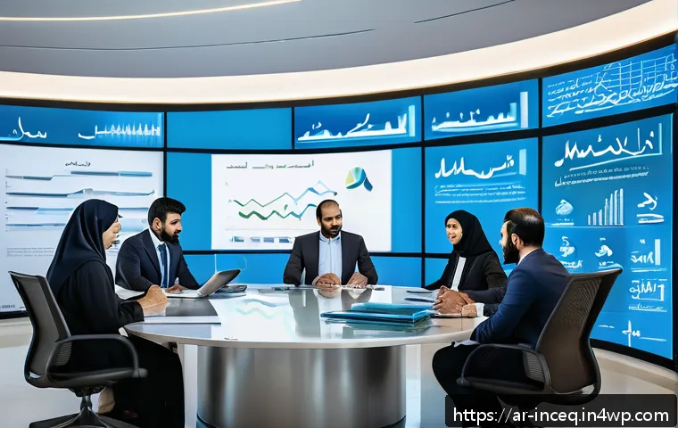 사회책임 투자와 기업의 커뮤니케이션 전략 - A professional Middle Eastern business meeting scene in a modern corporate office decorated with Ara...