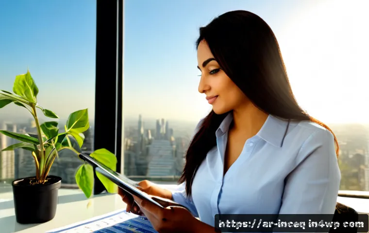 사회책임 투자의 경제적 이익 - Photorealistic Arab businesswoman in modest professional attire reviewing a clean financial growth c...