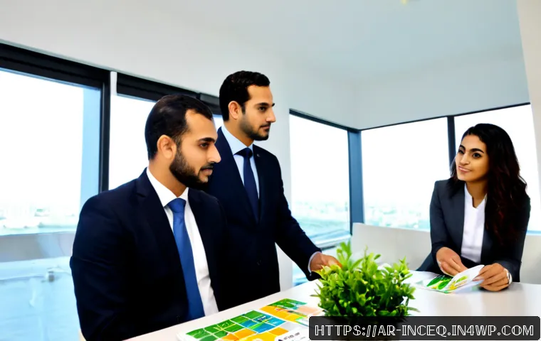 ESG 성과 평가 기준 - Photorealistic ESG performance evaluation meeting in a modern Middle Eastern corporate office, diver...