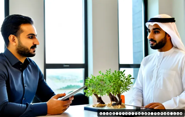 Home 17 사회책임 투자 관련 주요 지표 - Photorealistic responsible investment meeting in a modern Gulf Arab office, an Arab financial adviso...